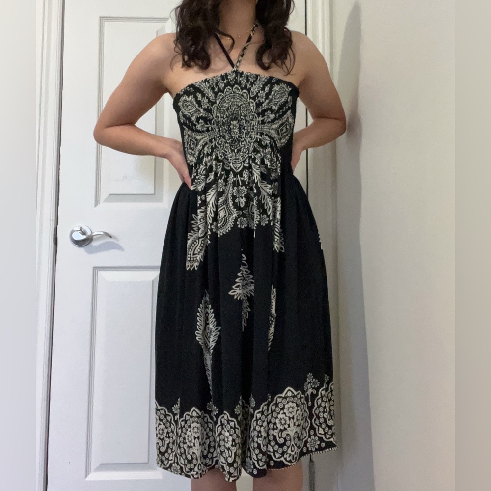 Paisley Summer Dress Shirred / Smocked Top Flowy Skirt - Black - DJ Production